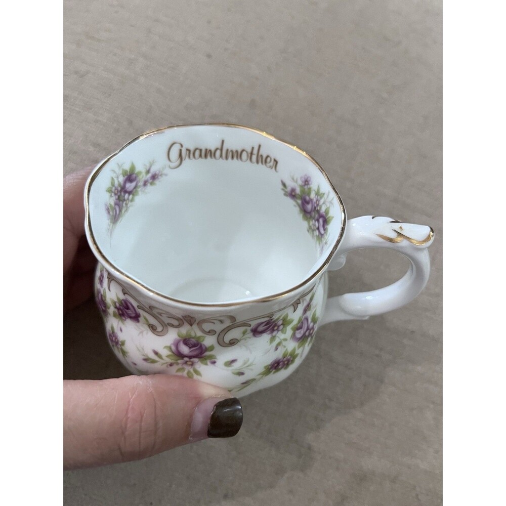Queens Rosina Fine Bone China Purple Violet Buds Tea Cup Grandmother Gold Script